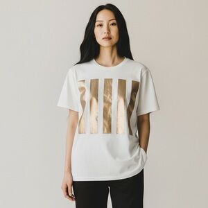 Jil Sander White Gold Metallic Vertical Striped Cotton Tee Small RARE FLAWED NWT